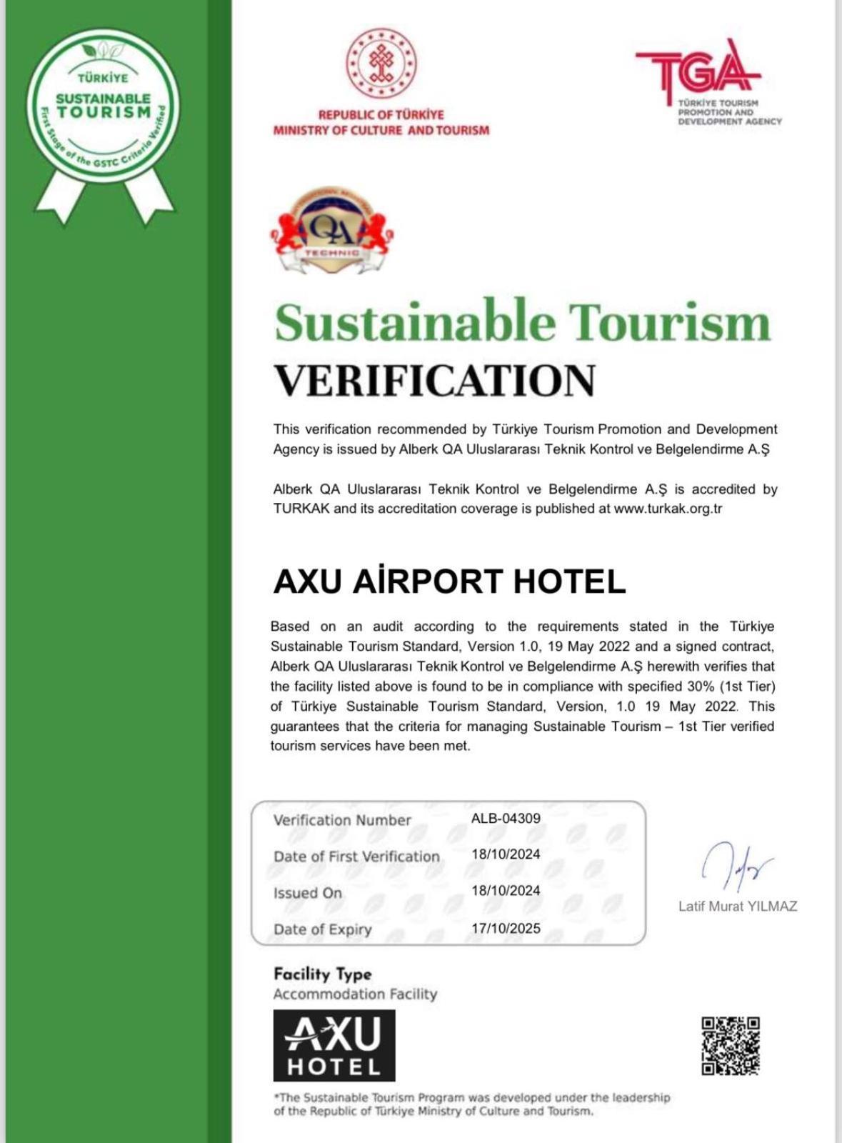 Axu Airport Hotel Arnavutkoy المظهر الخارجي الصورة A certificate of the TURQA